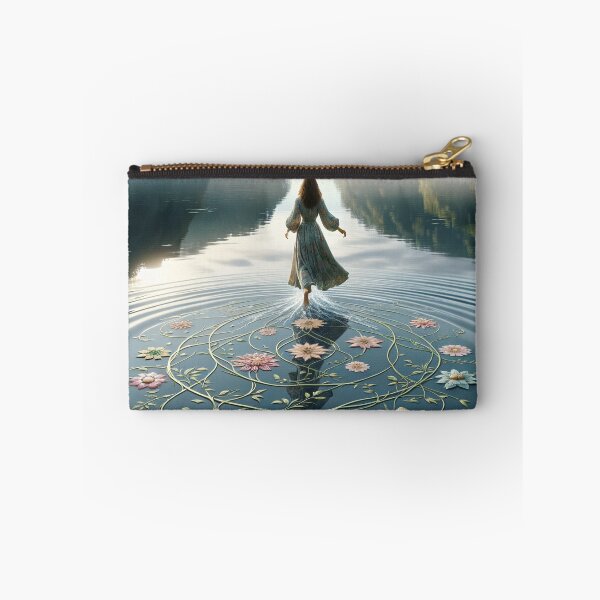 Item preview, Woman walking on the surface of a lake, with her steps leaving floral patterns on the water designed and sold by AndreaMart.