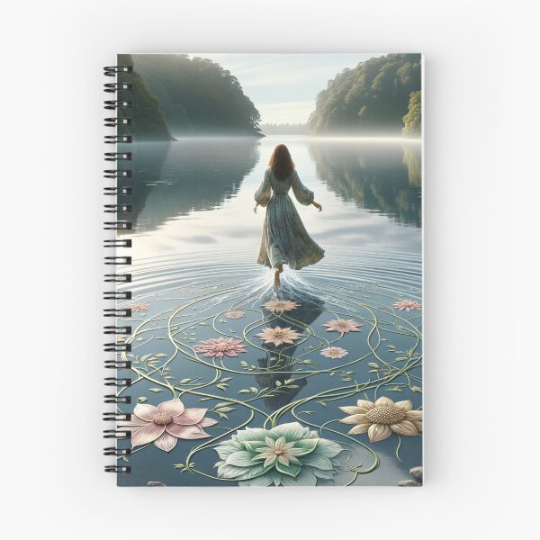 Item preview, Woman walking on the surface of a lake, with her steps leaving floral patterns on the water designed and sold by AndreaMart.