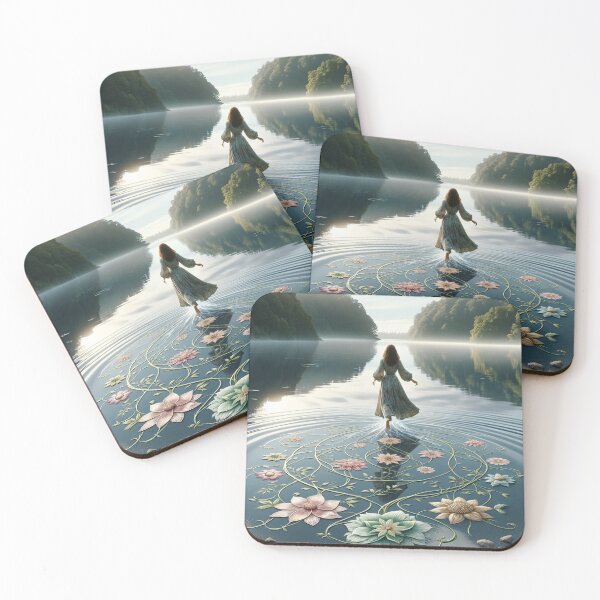 Item preview, Woman walking on the surface of a lake, with her steps leaving floral patterns on the water designed and sold by AndreaMart.