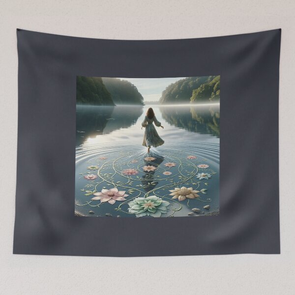 Item preview, Woman walking on the surface of a lake, with her steps leaving floral patterns on the water designed and sold by AndreaMart.