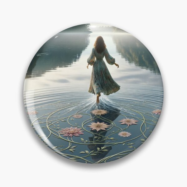 Item preview, Woman walking on the surface of a lake, with her steps leaving floral patterns on the water designed and sold by AndreaMart.