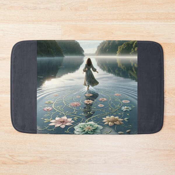 Item preview, Woman walking on the surface of a lake, with her steps leaving floral patterns on the water designed and sold by AndreaMart.