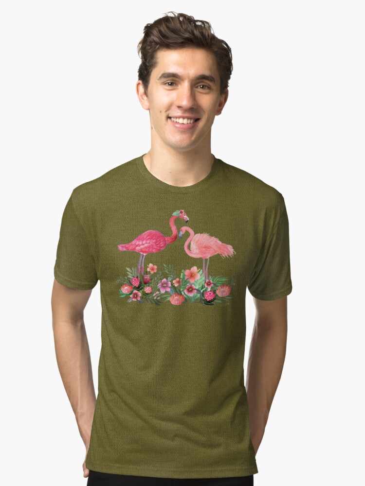 Alternate view of Flamingo with Tropical Flowers by Magenta Rose Designs Tri-blend T-Shirt