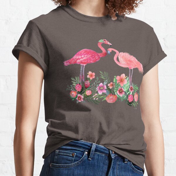 Flamingo with Tropical Flowers by Magenta Rose Designs Classic T-Shirt