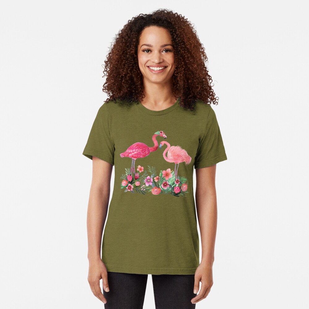 Flamingo with Tropical Flowers by Magenta Rose Designs Tri-blend T-Shirt