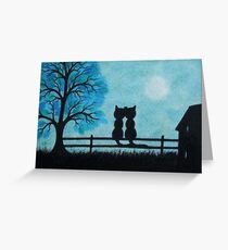 Cats and Moon Art, Romantic Cats, Two Cats with Tree and Moon Greeting Card