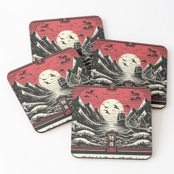 Item preview, Kanji Scenery Waves wih Birds and Sunset designed and sold by BaKamiLand.