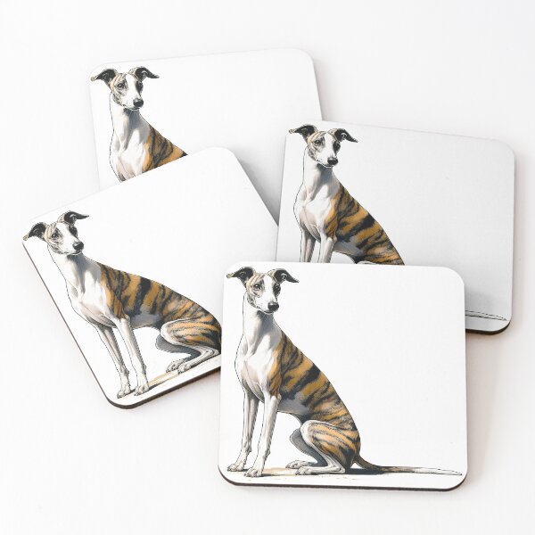 Item preview, Pen And Ink, Brindle Whippet With Long Tail Sitting And Staring designed and sold by EdgyEdgeArt.