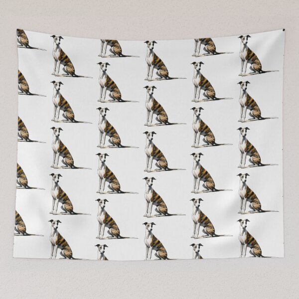 Item preview, Pen And Ink, Brindle Whippet With Long Tail Sitting And Staring designed and sold by EdgyEdgeArt.