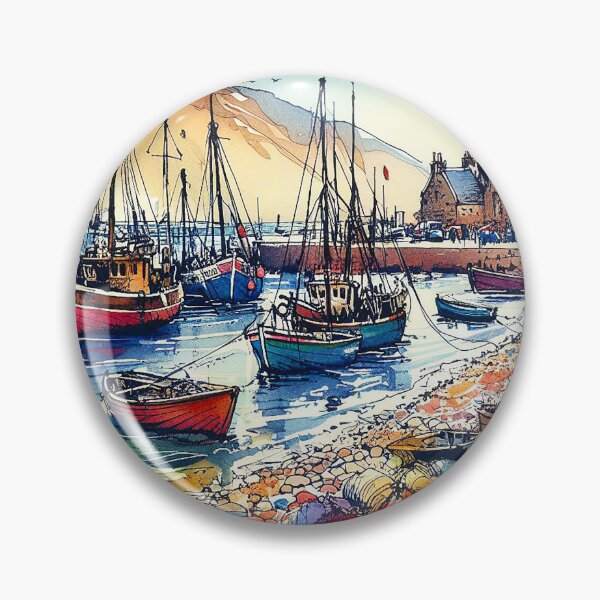 Item preview, Pen And Ink Watercolour, Fishing Boats, Scottish Pebble Beach designed and sold by EdgyEdgeArt.