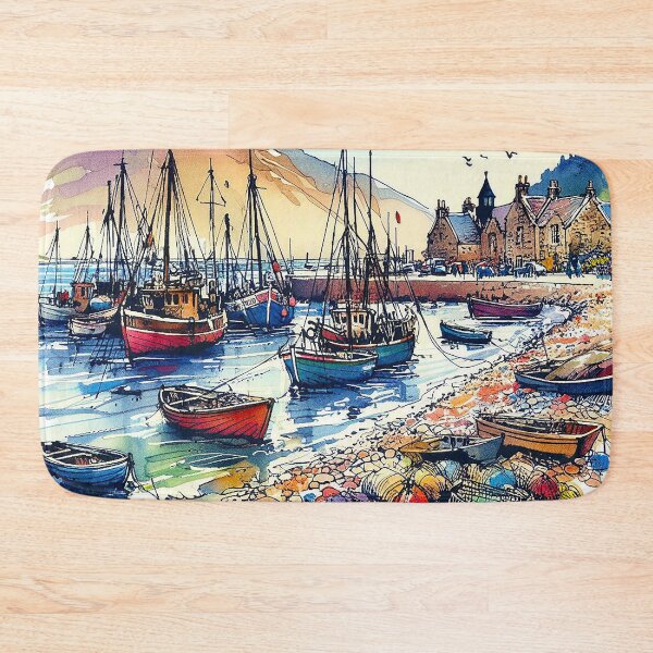 Item preview, Pen And Ink Watercolour, Fishing Boats, Scottish Pebble Beach designed and sold by EdgyEdgeArt.