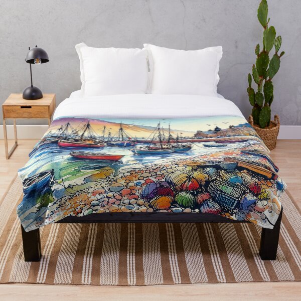 Item preview, Pen And Ink Watercolour, Fishing Boats, Scottish Pebble Beach designed and sold by EdgyEdgeArt.