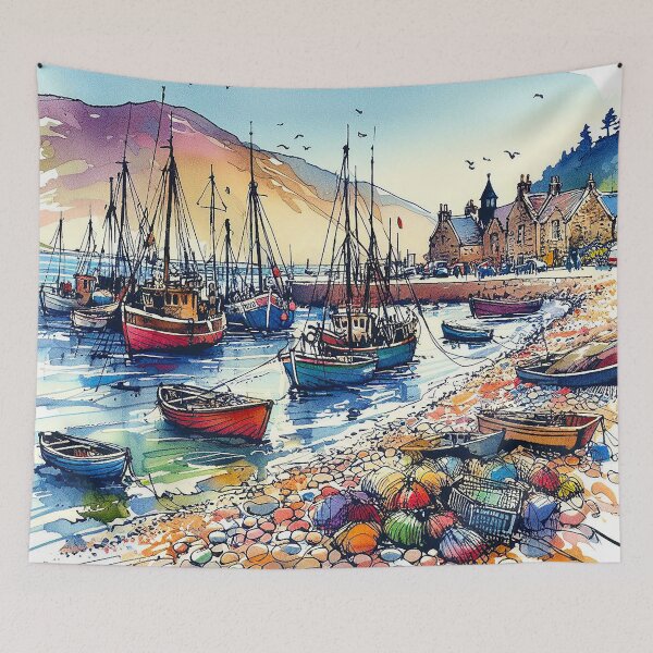 Item preview, Pen And Ink Watercolour, Fishing Boats, Scottish Pebble Beach designed and sold by EdgyEdgeArt.