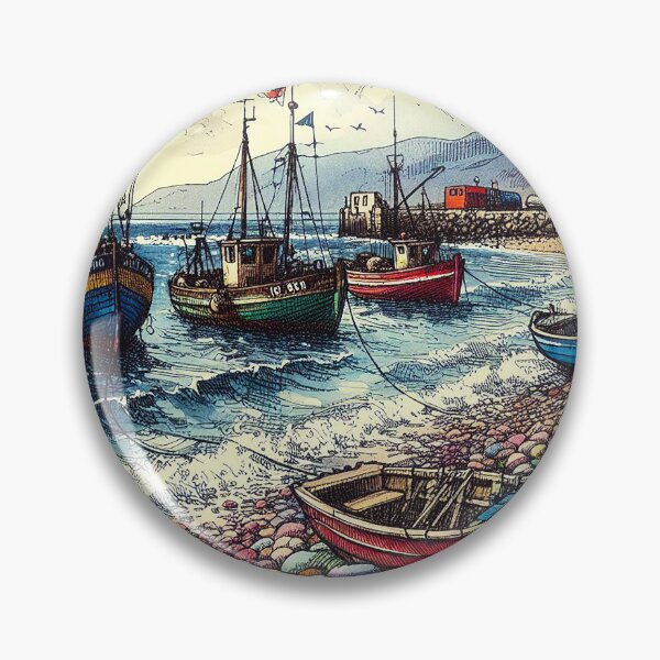 Item preview, Pen And Ink Watercolour, Fishing Boats, Colourful Scottish Pebble Beach designed and sold by EdgyEdgeArt.