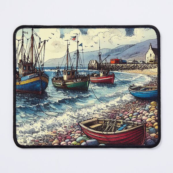 Item preview, Pen And Ink Watercolour, Fishing Boats, Colourful Scottish Pebble Beach designed and sold by EdgyEdgeArt.