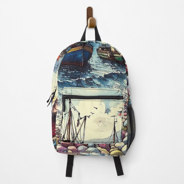 Item preview, Pen And Ink Watercolour, Fishing Boats, Colourful Scottish Pebble Beach designed and sold by EdgyEdgeArt.
