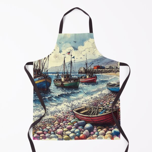 Item preview, Pen And Ink Watercolour, Fishing Boats, Colourful Scottish Pebble Beach designed and sold by EdgyEdgeArt.