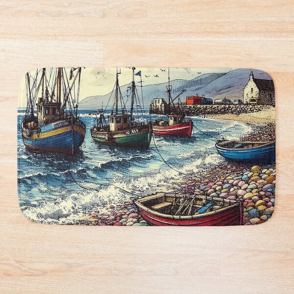 Item preview, Pen And Ink Watercolour, Fishing Boats, Colourful Scottish Pebble Beach designed and sold by EdgyEdgeArt.