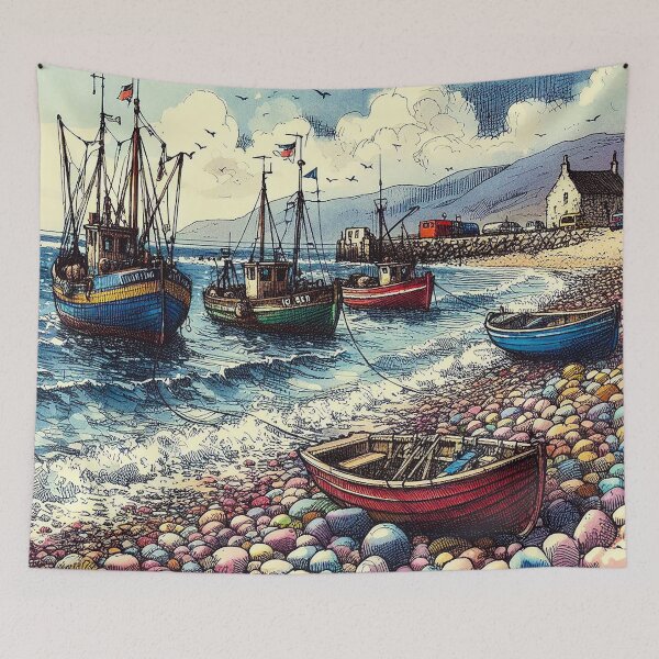 Item preview, Pen And Ink Watercolour, Fishing Boats, Colourful Scottish Pebble Beach designed and sold by EdgyEdgeArt.