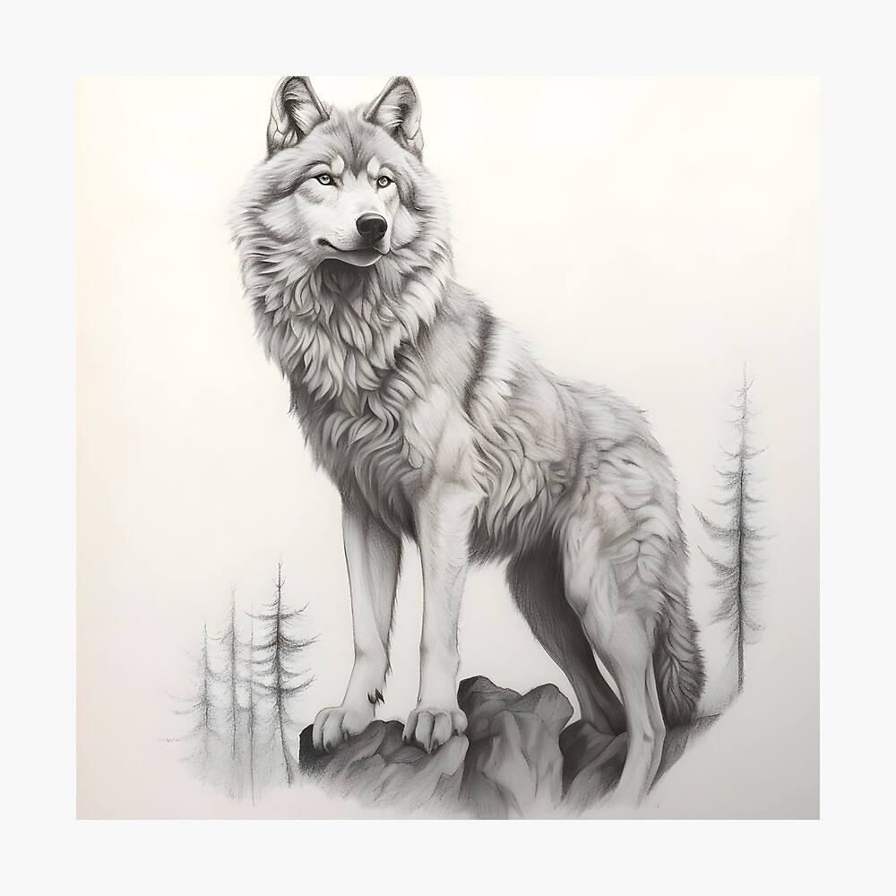 Black and white Wolf pencil drawing 