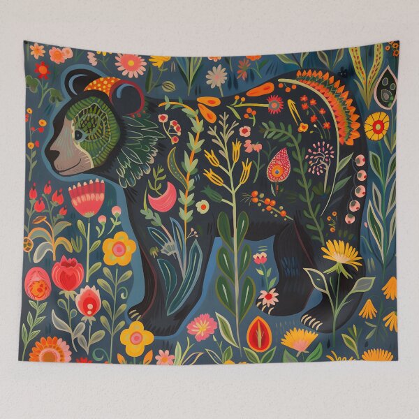 Item preview, Black bear with flowers and folklore patterns designed and sold by Folksy Living.