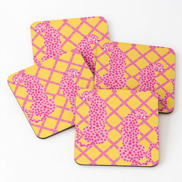 Item preview, Guepardo rosa sobre celosía de bambú rosa y amarillo designed and sold by SophieClimaArt.