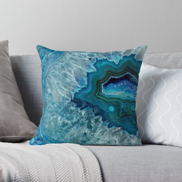 Teal Aqua Turquoise Blue Rock Agate Mineral Crystals Pattern Throw Pillow