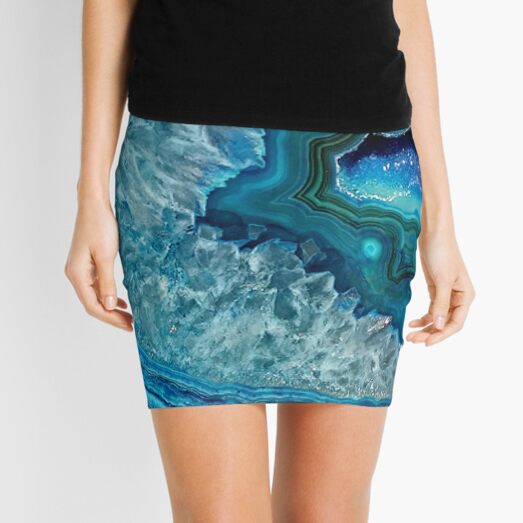 Teal Aqua Turquoise Blue Rock Agate Mineral Crystals Pattern Mini Skirt