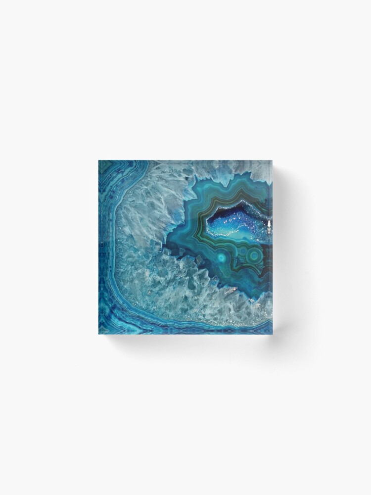 Alternate view of Teal Aqua Turquoise Blue Rock Agate Mineral Crystals Pattern Acrylic Block