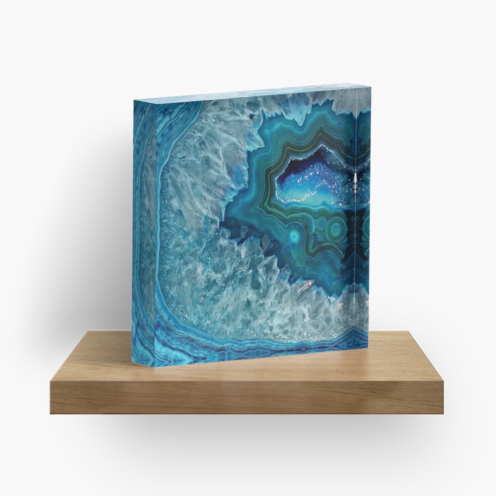 Teal Aqua Turquoise Blue Rock Agate Mineral Crystals Pattern Acrylic Block