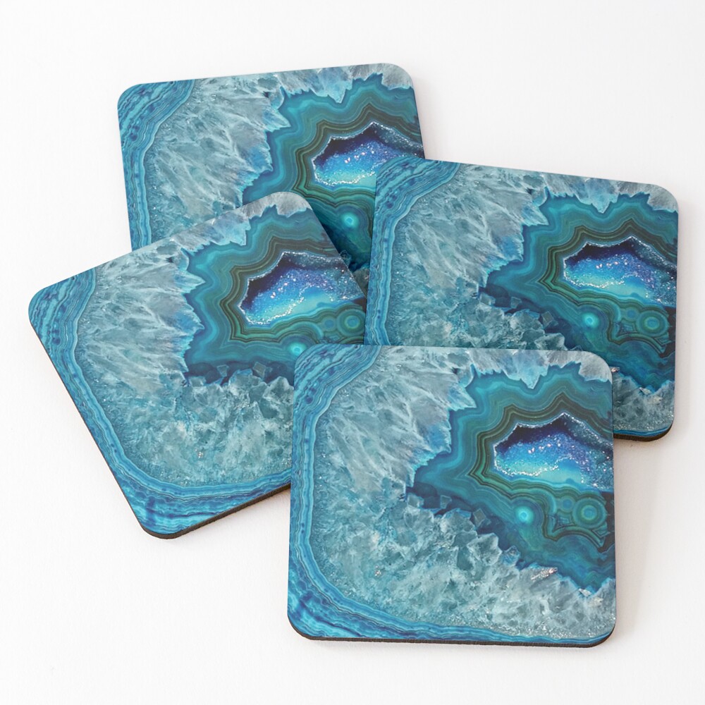 Teal Aqua Turquoise Blue Rock Agate Mineral Crystals Pattern Coasters (Set of 4)
