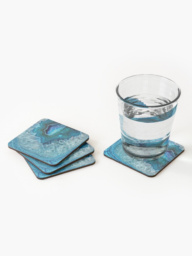 Alternate view of Teal Aqua Turquoise Blue Rock Agate Mineral Crystals Pattern Coasters (Set of 4)