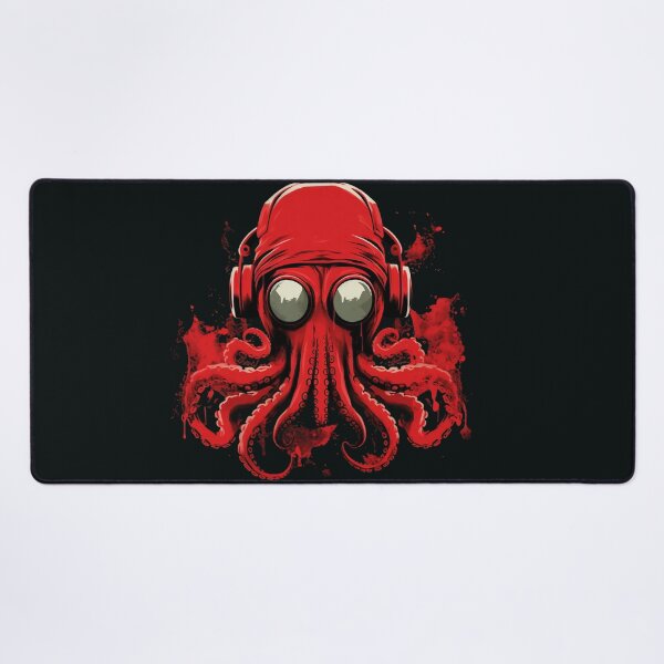 Item preview, Red Headphone-Wearing Octopus Art designed and sold by Obsidian Ink by Wilshire.