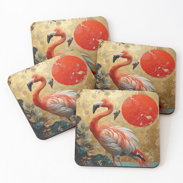 Item preview, Flamingo standing in turquoise water with a red sun designed and sold by Rockwpapart.