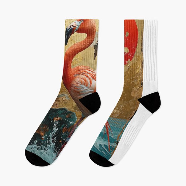 Item preview, Flamingo standing in turquoise water with a red sun designed and sold by Rockwpapart.