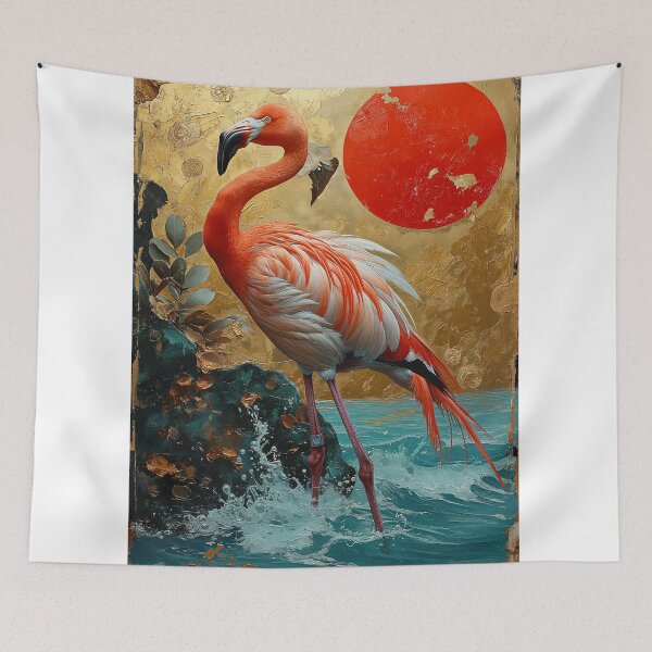 Item preview, Flamingo standing in turquoise water with a red sun designed and sold by Rockwpapart.