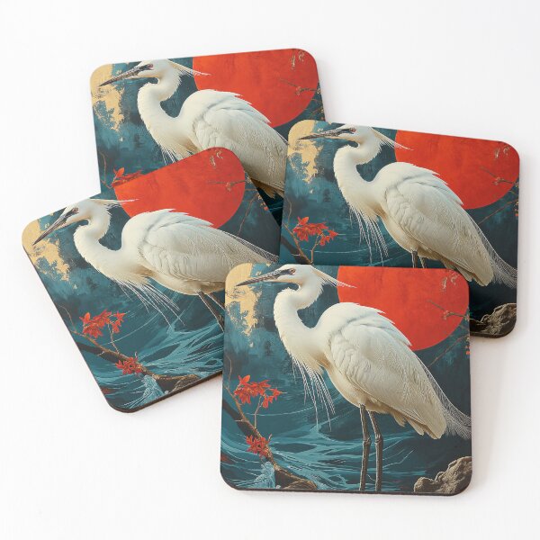 Item preview, Egret standing in turquoise water with a red sun designed and sold by Rockwpapart.