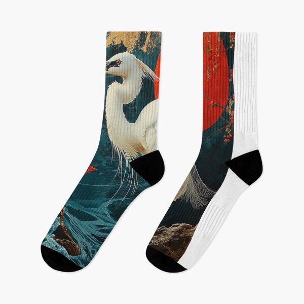 Item preview, Egret standing in turquoise water with a red sun designed and sold by Rockwpapart.