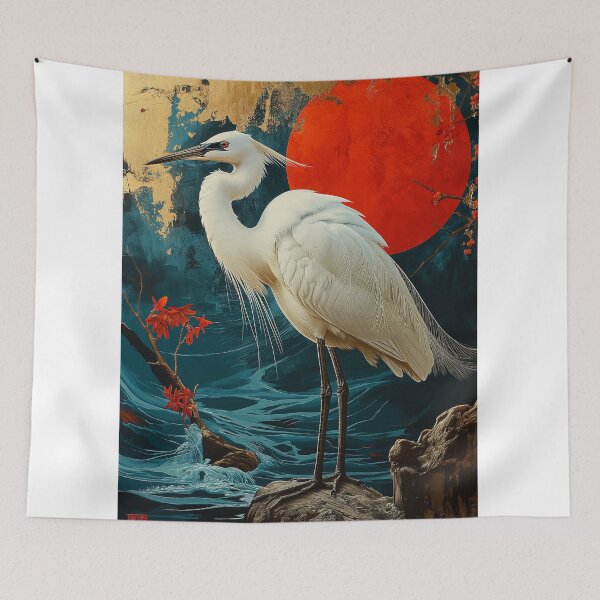 Item preview, Egret standing in turquoise water with a red sun designed and sold by Rockwpapart.