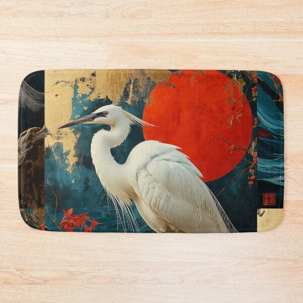 Item preview, Egret standing in turquoise water with a red sun designed and sold by Rockwpapart.