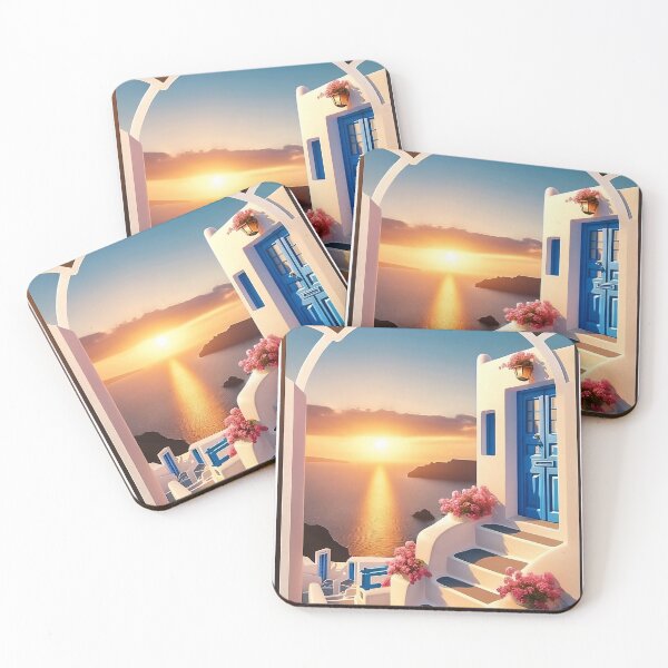 Item preview, Santorini Sunset Serenity: Greek Santorini Blue Door with Pink Flowers vector style designed and sold by NexaArts.