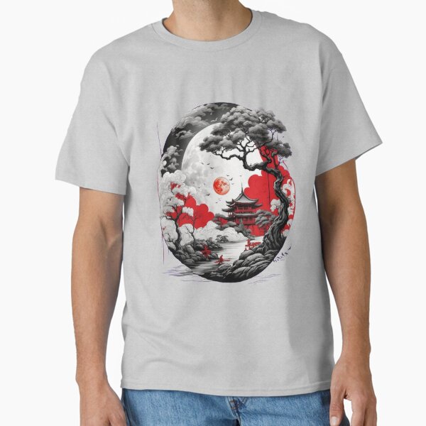 Aperçu de l'œuvre Sérénité asiatique : arbres au clair de lune en rouge, blanc et noir créée et vendue par Ziho-Store.