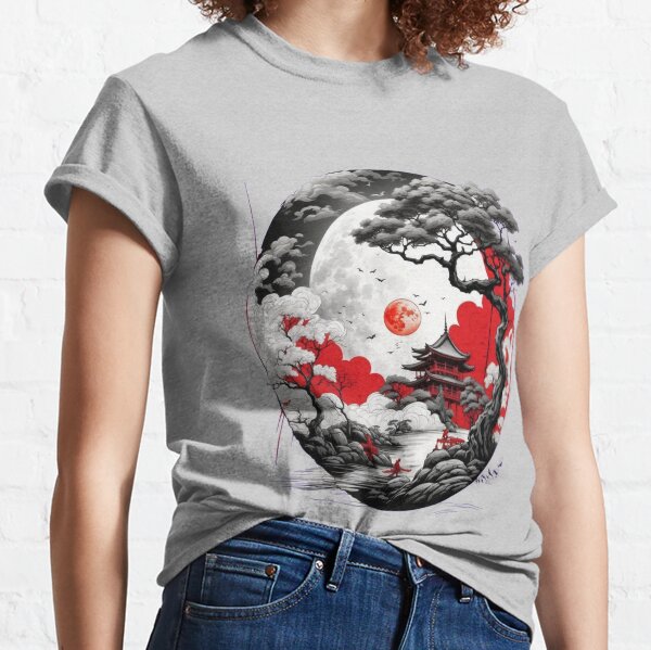 Aperçu de l'œuvre Sérénité asiatique : arbres au clair de lune en rouge, blanc et noir créée et vendue par Ziho-Store.