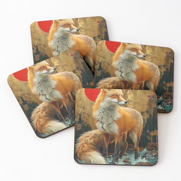 Item preview, fox standing in turquoise water with a red sun designed and sold by Rockwpapart.