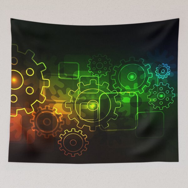 Item preview, Cogwheel pattern in green orange on black designed and sold by GryThunes.