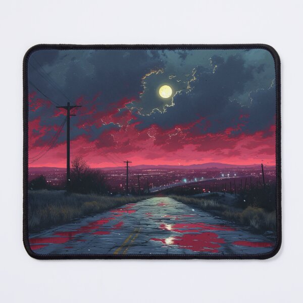 Item preview, Crimson Twilight: Deserted Road Under a Luminous Moon designed and sold by EtherealEchoes.