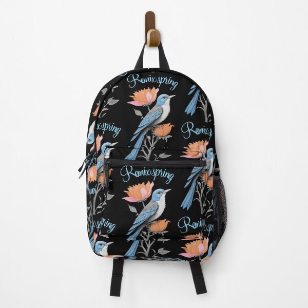 Item preview, Remix spring, oiseau bleu chantant sur branche fleurs orange. designed and sold by Creativesphotos.