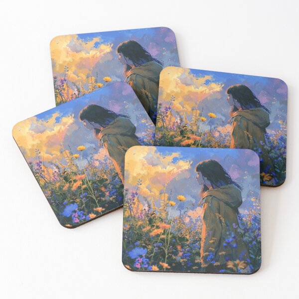 Artikelvorschau, Mädchen und Sonnenuntergang mit Blumen entworfen und verkauft von ArtGentle.