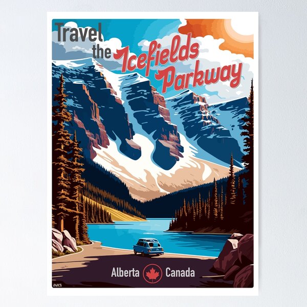 Item preview, Icefields Parkway Canada Highway 93 Retro Travel Poster Sticker T-Shirt 01 designed and sold by LocationInks.