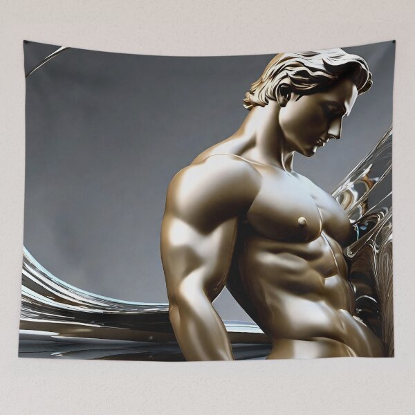 Item preview, A metallic male figure with firm muscles is posing with reflective, swirling designed and sold by Casey Art Prints.